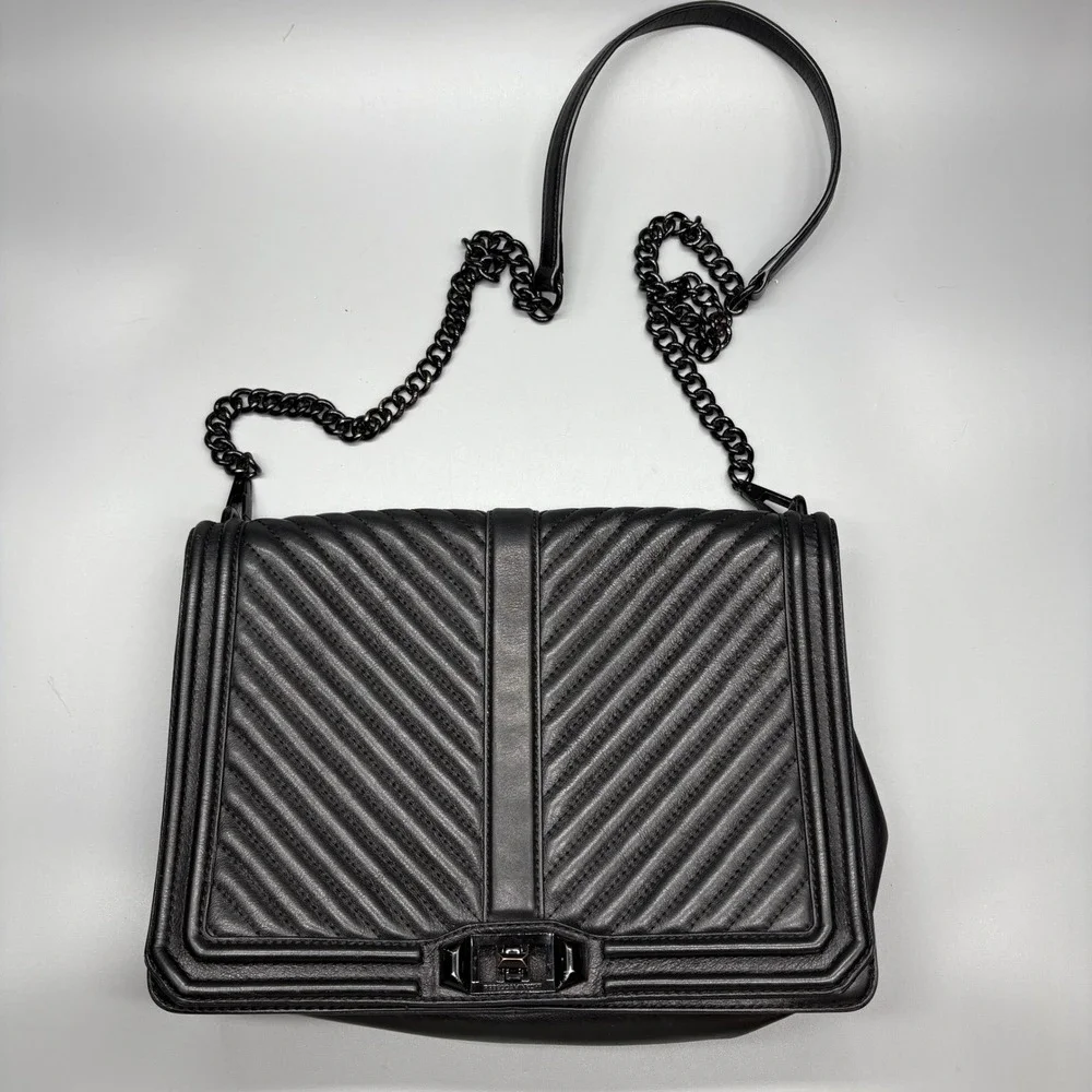 Rebecca Minkoff‎ Chevron Quilted Leather Love Crossbody Shoulder Bag Black